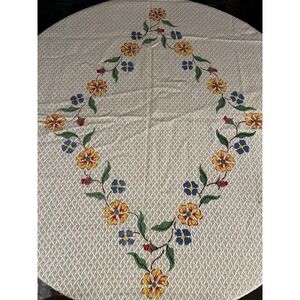 Vintage Woven Textured Beige Floral‎ Tablecloth Fringe Rectangle 66 x 48"
